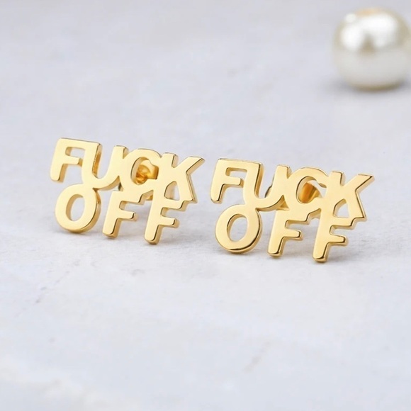 NEW 18K Gold Plated “F*ck Off” Post Stud Earrings Over 316L Stainless Steel - Picture 1 of 6